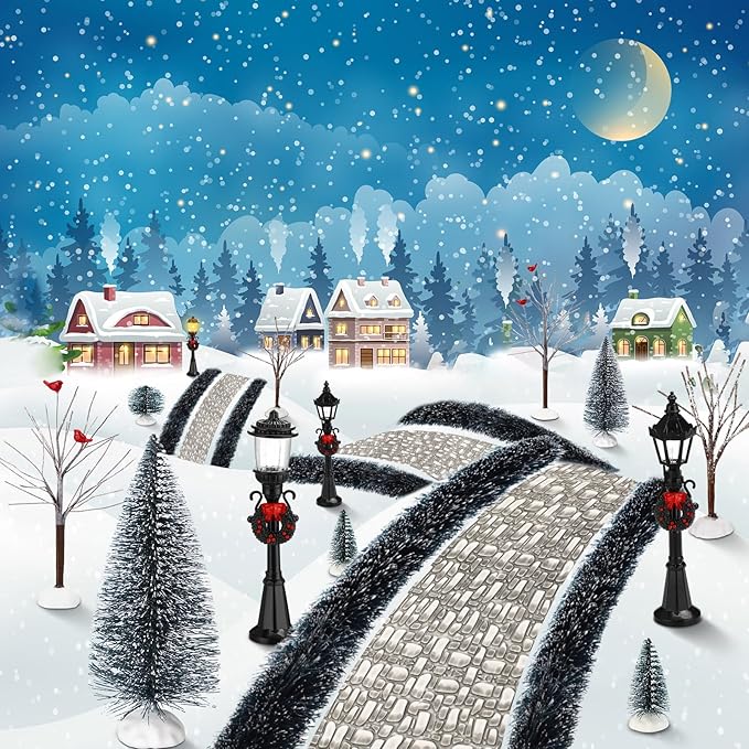 Hotop 18pc Christmas Village Accessories 47.2 Inch Village Roads Mini Snowy Trees Streets Light Lamppost Hedge Figurines Set for Display Winter Holiday Decorations DIY Crafts No Batteries(Cute)