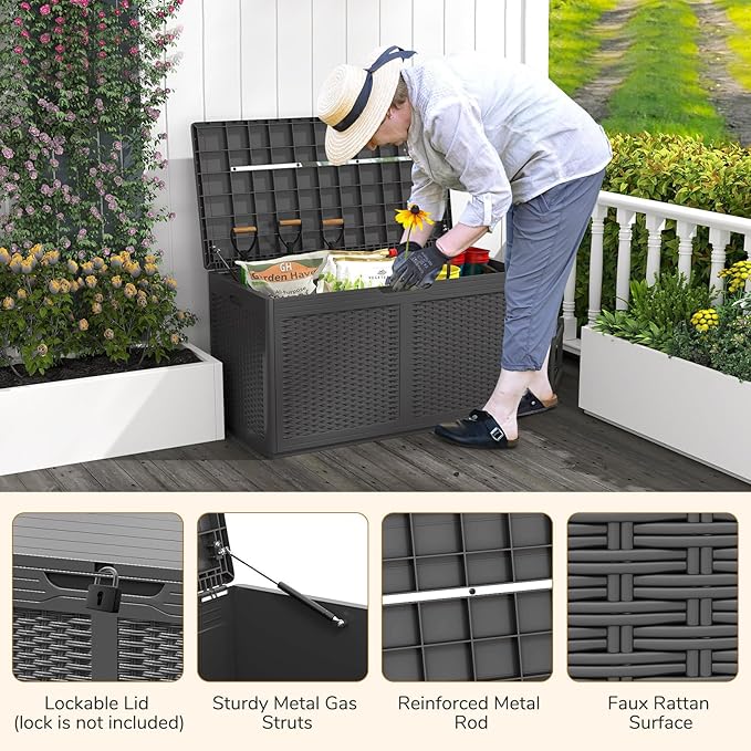 Moccha 100-Gallon Outdoor Storage Box - Waterproof Resin Deck Box with Lockable Lid & Wheels, Faux Rattan Outdoor Storage Bench for Pool Accessories, Garden Tool, Patio Furniture Cushion (Black)