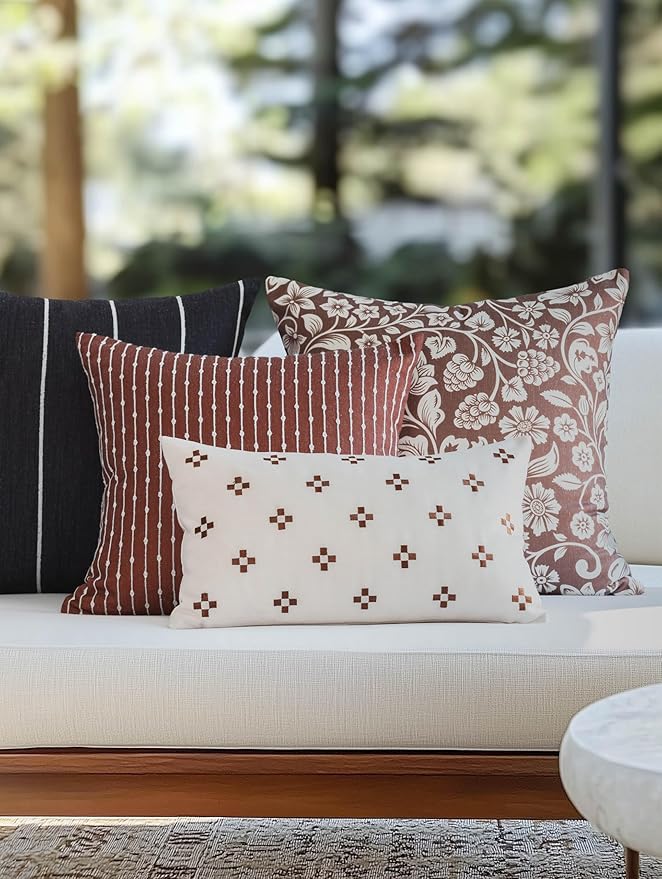 Crumbs Home Modern Farmhouse Fall Linen Indoor Outdoor Throw Pillow Cover Only, 22"x22" Water Repellent for Patio, Backyard, Couch, Cocoa Brown Neutral Floral