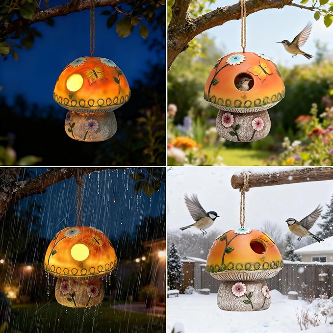 Smadeer Solar Birdhouse for Outdoor Hanging, Mushroom Bird House with Lights Outside, Resin Garden Statue Decorative Nesting Box for Chick Blue Bird Hummingbird Woman Gifts for Yard Patio