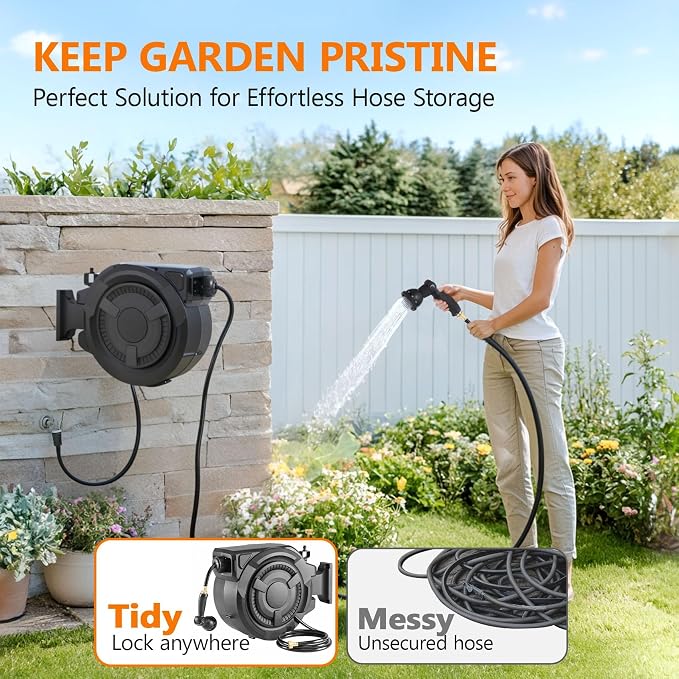 wikiwiki Retractable Garden Hose Reel 5/8 in x 100 ft, Heavy Duty Wall Mounted Hose Reel with 10- Function Sprayer Nozzle, Automatic Slow Return System/180°Swivel Bracket/UV Resistant