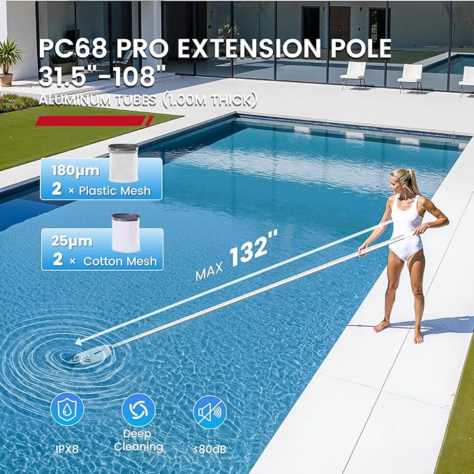 ENHULK Pool Vacuum for Above Ground Pool with 9' Extension Pole, 4 Filters, 26.5 Gallons/Min Powerful Suction, 1H Runtime, Cordless Handheld Pool Cleaner for Above/Inground Pools, PC68 Pro