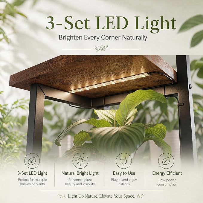 5 Tier Plant Stand Indoor with Grow Light for Multiple Plants | Corner Flower Stand with Vintage Design, Multi-Layer Plant Shelf, Sturdy Build, Ideal for Living Room & Indoor Plant Display