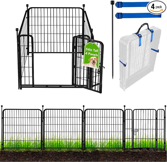 ADAVIN Tall Garden Fence with Low Threshold Door,54 in(H) 4 Panels Total 8.8 Ft(L) Fencing for Dogs, Garden Fence Animal Barrier, Black Iron Metal Heavy Duty Dog Fence Outdoor for Yard