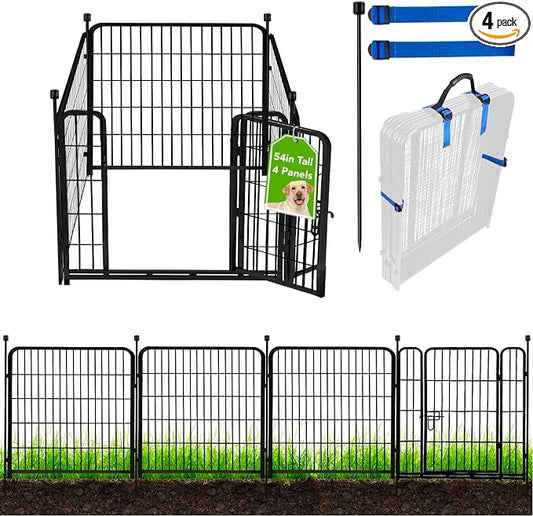 ADAVIN Tall Garden Fence with Low Threshold Door,54 in(H) 4 Panels Total 8.8 Ft(L) Fencing for Dogs, Garden Fence Animal Barrier, Black Iron Metal Heavy Duty Dog Fence Outdoor for Yard