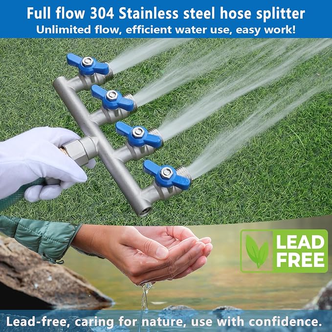 304 Stainless Steel Garden Hose Splitter 4 Way Heavy Duty, Full Flow T Valve Water Hose Splitter With 2.1" Extra Long Handle, Lead-free，3/4" GHT Thread Connector For Outdoor Spigot Faucet
