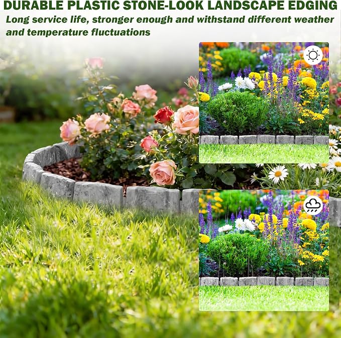 Landscape Edging Faux Stone Edging Garden Edging Border,68FT x 2.75 in Tall Decorative Stone-Look Garden Border for Flower Bed Edging,Yard Edging,Lawn Trees and Gardens,with Anchoring Spikes,Gray