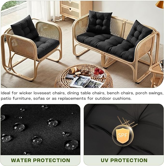 Wicker Chair Cushions Set, 2 U-Shaped Cushions & 1 Loveseat, Waterproof Outdoor Loveseat Cushion for Patio Furniture, Settee Bench Pad All Weather,Black