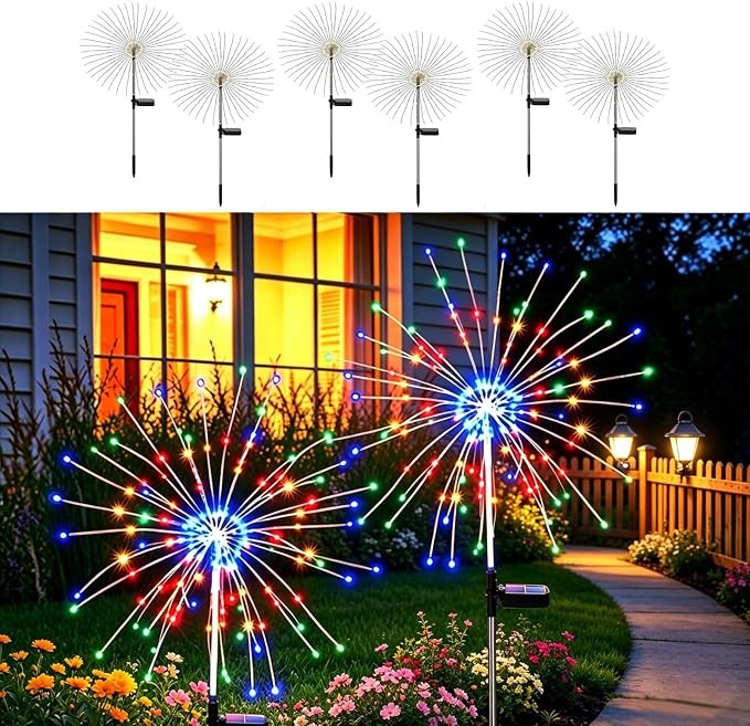 Solar Firework Lights for Outside,150 LED RGB Color Changing Firework LED Solar Fairy Light Twinkling Tree Outdoor for Garden Yard Landscape Wedding Christmas Party Decor Multicolor (6 Pack)