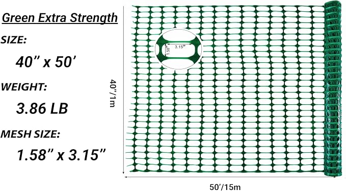 PotatoLife Plastic Mesh Fence, Extra Strength 40''x50' Roll with 50 Zip Ties, Resuable Temporary Netting for Garden Fencing, Snow Fencing, Animal Barrier, Poultry, Deer, Dog, Construction, Green