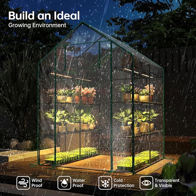 Bstrip Walk In Greenhouse, Indoor Greenhouse with Grow Lights, Mini Indoor Greenhouse with Roll-Up Zipper Entry Door and PVC Cover, Dimmable 2FT 120W Plant Light with Timer (56.3"W X 56.3"L X 76.8"H )