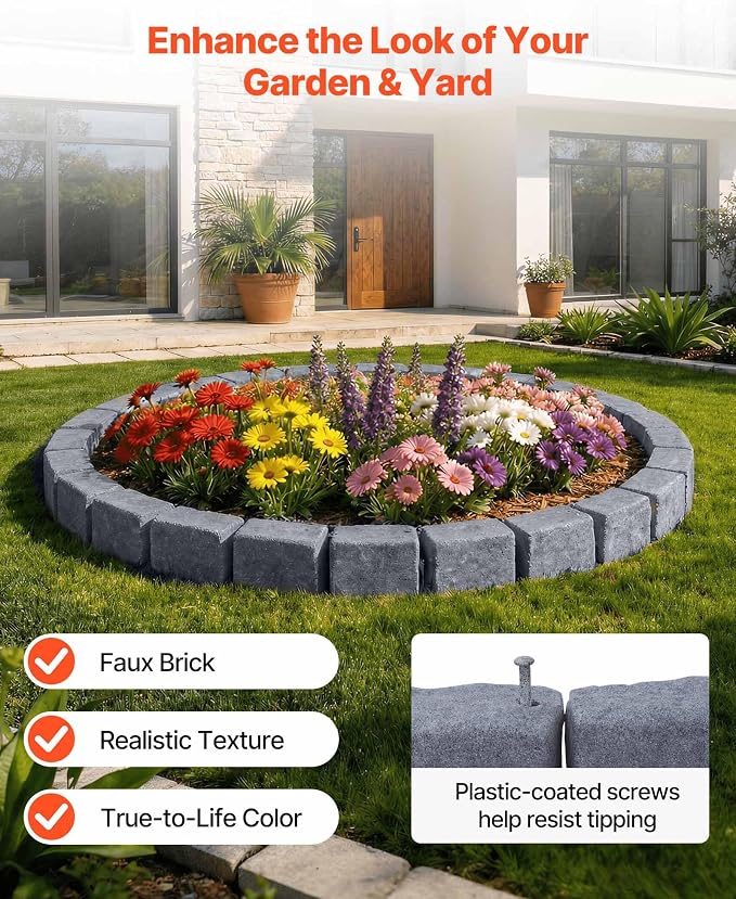 VEVOR Faux Stone Landscape Edging, 46.85" Kit, No Dig Garden Edging Border, Blocks for Lawn, Flower Beds, Yards, 1 Pack Each Section Has 6 Bricks 46.85" L x 3.94" W x 6.1" H, 3 Spikes, Sandstone Gray