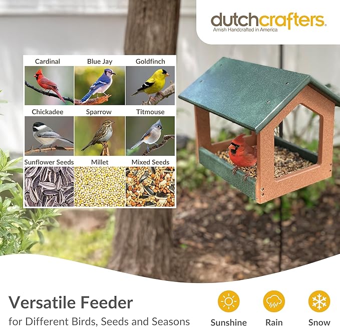 DutchCrafters Amish USA Made Recycled Plastic Large Hanging Modern Fly Through Covered Roof Open Platform Tray Bird Feeder for Outdoors, Garden, Yard (Black & Red)