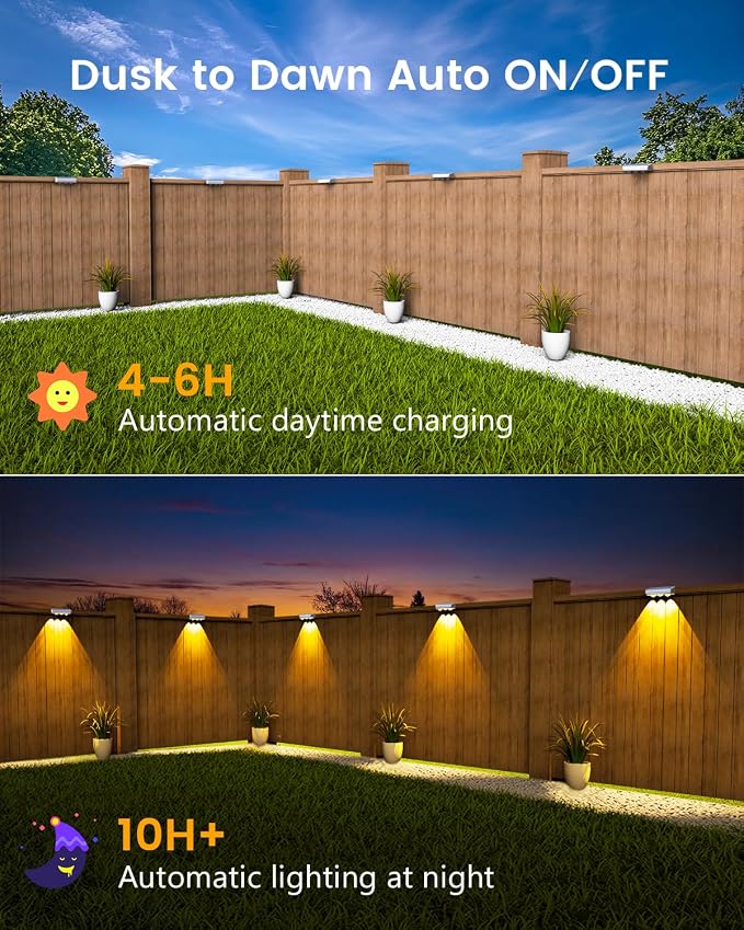 JOFIOS Solar Fence Lights Outdoor Waterproof Led, 8 Pack,1300mAh, 6 Inch Solar Lights for Fence with Warm White & RGB 8 Colors,Outdoor Fence Light Decor for Patio, Backyard, Deck, Railing(White)