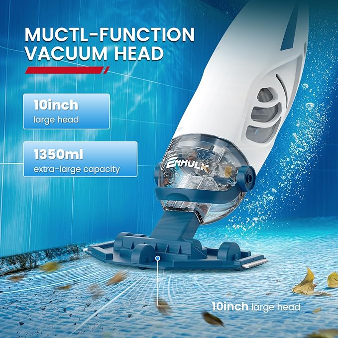 ENHULK Pool Vacuum for Above Ground Pool with 9' Extension Pole, 4 Filters, 26.5 Gallons/Min Powerful Suction, 1H Runtime, Cordless Handheld Pool Cleaner for Above/Inground Pools, PC68 Pro