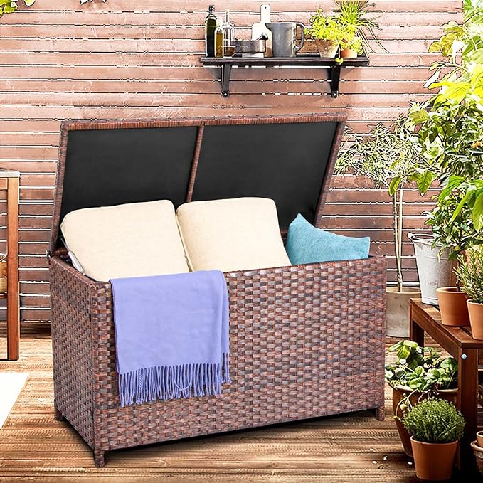 DIMAR GARDEN Outdoor Storage Deck Boxes with Waterproof Cover 70 Gallon,Patio Wicker Storage Box,Brown