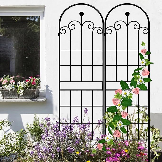 LZRS 2 Pack 71x20in Rustic Iron Arch Decoration Garden Trellis with Black Metal Coating – Perfect for Supporting Climbing Plants Outdoor, Roses, Vines, Flowers, and Vegetables.