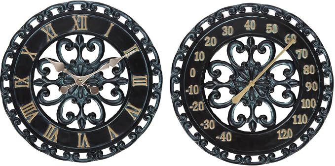 Lily's Home Hanging Verdigris Wall Clock and Dial Thermometer Set, Ideal for Indoor and Outdoor Use, Makes a Great Housewarming Gift, Black (13 Inches)