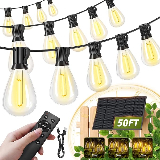Solar String Lights Outdoor Waterproof, LED Shatterproof Bulbs Solar Powered with Remote & USB Port, 3 Light Modes Dimmable Patio Lights