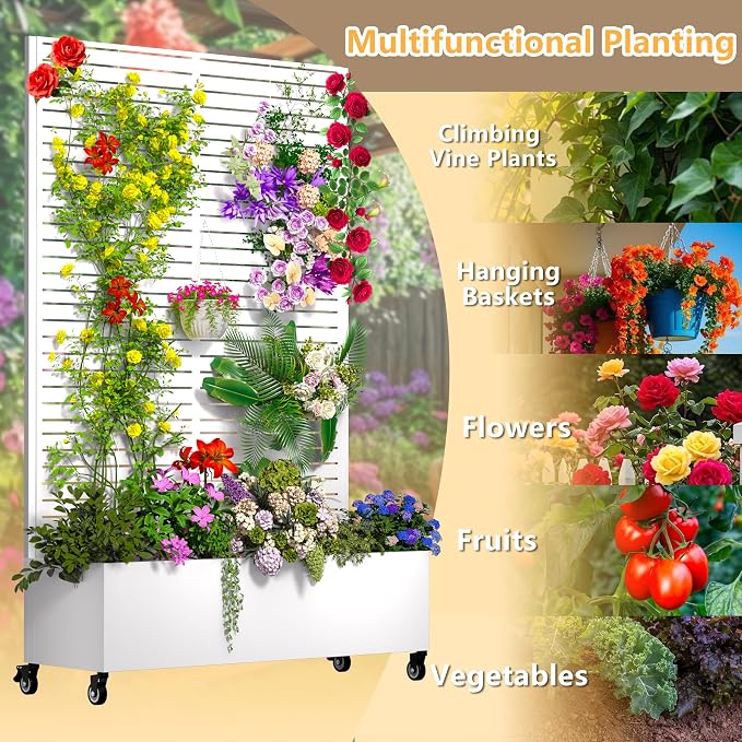 MTART Metal Planter Box with Trellis, 72.1"x47.2"x16" Outdoor Galvanized Raised Garden Bed with Privacy Screen & Drainage Holes & Lockable Casters for Climbing Plants, Vegetable (White-Louvered)