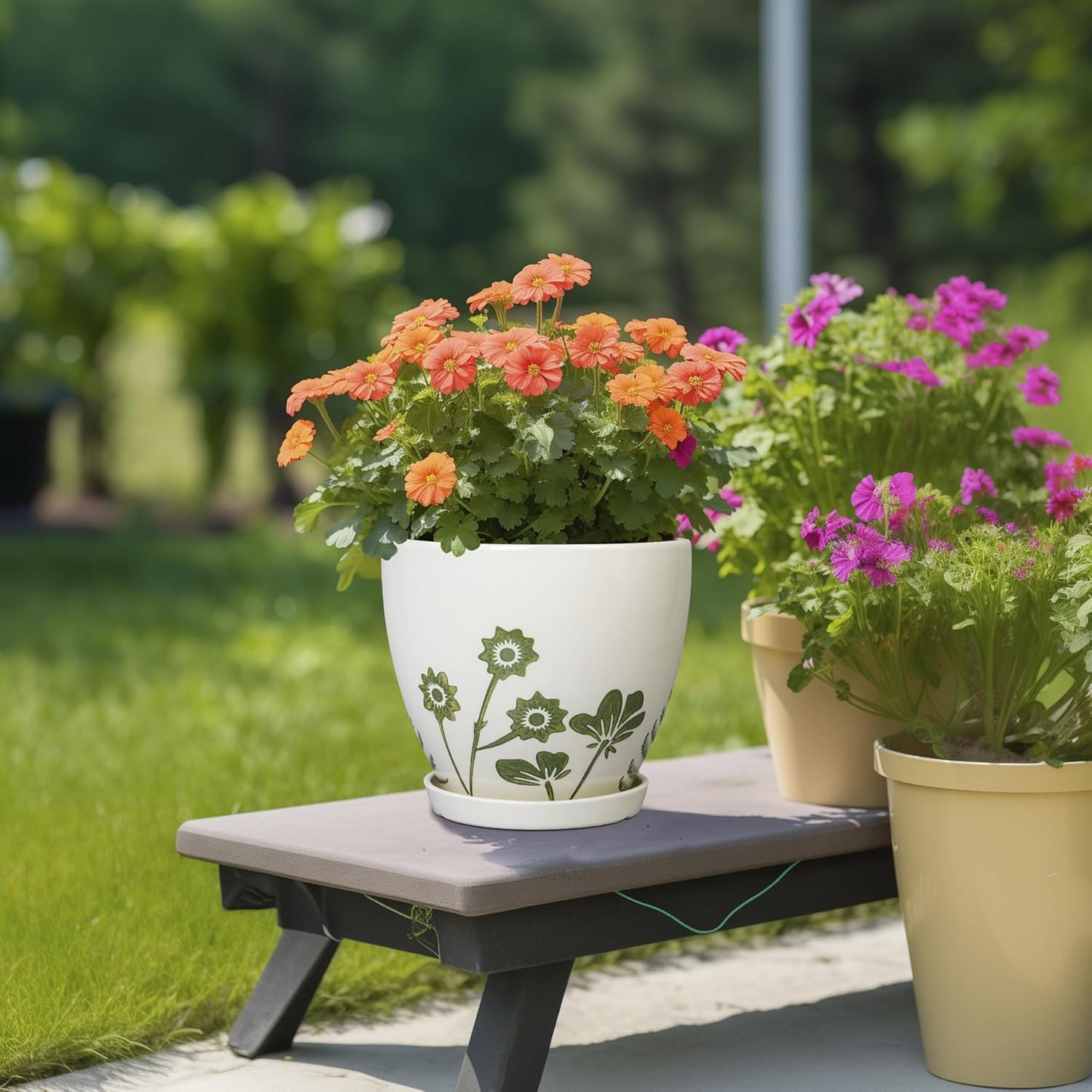 8.2 Inch Plant Pot - Ceramic Planter for Indoor Outdoor Flowers, Boho Round Decorative Indoor Flower Pot with Drainage Hole and Saucer, Gifts for Plant Lovers, Office Garden House Decor, White