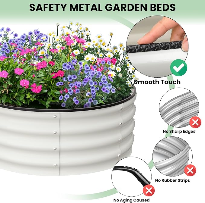 Garvee Galvanized Raised Garden Bed, 2Pcs Raised Garden Beds Outdoor, Round Planter Raised Beds with Gloves and Rubber Edge Trim for Vegetables, Flowers and Herbs, 3x3x1 FT, White