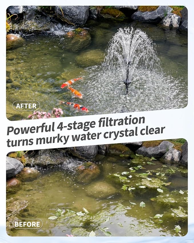 POPOSOAP Pond Filter with Fountain Kits Built-in U-V Clarifier, 660GPH Pond Pump Filter with RGB LED Lights & Remote Controller Light Timer, Pond Filters for Outdoor Ponds Clean, Clear P2300D