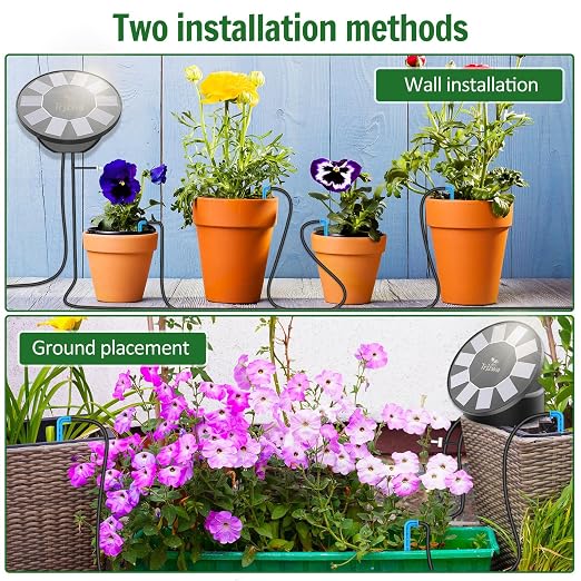 Solar Drip Irrigation System Kit,TRJZWA Solar Powered Auto Plant Watering Device with 10 Pack Plastic Plant Pots(4.5’/6’) & 3.5 Gallons Handy Bucket for Carry