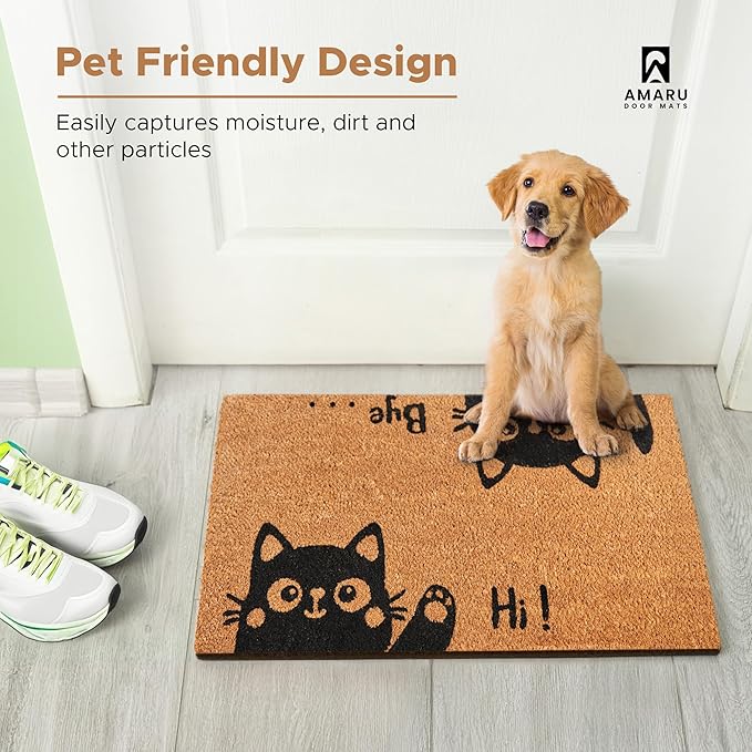 Hi-Bye Cat - 17"x29" - Coir Door Mat with Heavy Duty Backing - Welcome Mats for Entryway, Porch - Anti-Slip PVC & Coconut Fiber Surface - Natural Home Accessories, Minimalist Original Design