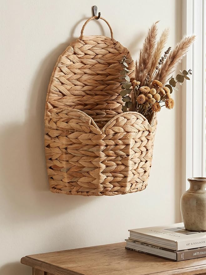 2 PC Door Basket Scalloped Hanging Storage Basket,Water Hyacinth Woven Wall Baskets for Front Door Decor, Hangable Storage Organize for Flowers,Planter,Mails,Wicker Baskets for Organizing -Braided & L