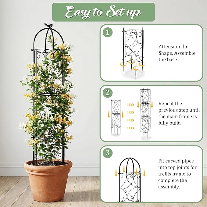 100% Metal 6.1 Ft Garden Obelisk Trellis for Climbing Plants, Rustproof Coated Floral Scrollwork Plant Support with Bird Finial, for Tomato, Rose, Grape, Cucumber, Vines, Indoor/Outdoor Black