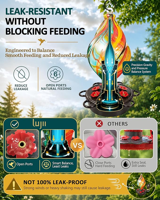 LUJII Smart Hummingbird Feeder with Camera for Outdoor Hanging, Hand Blown Glass, Solar WiFi Feeder with Live View App, 6 Feeding Ports, Leak-Resistant Design, Ant Moat & Gift Box, 28 fl oz, Ribbion