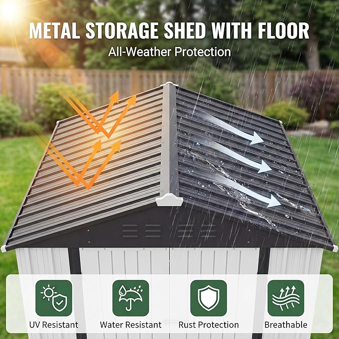 Patiowell 6x4 FT Outdoor Storage Shed with Floor Frame, Metal Garden Patio Sheds with Sloping Roof and Lockable Door, Waterproof Steel Tool Shed for Backyard Garden Lawn, White