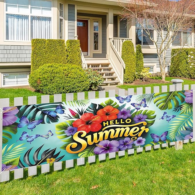 10x3 ft Extra Large Summer Flower Banner Outdoor 115''x35'' Hello Summer Banner for Fence Outside Garden Large Flower Banners Yard
