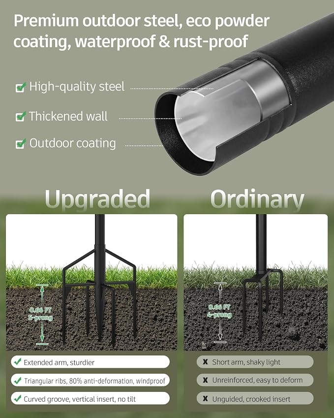 LAND·VOI String Light Poles 2 Pack, Heavy Duty Outdoor Light Poles with Upgraded 5‑Prong Base, Anti‑Bending Stable Design for Backyard Patio Garden Wedding Party Decoration