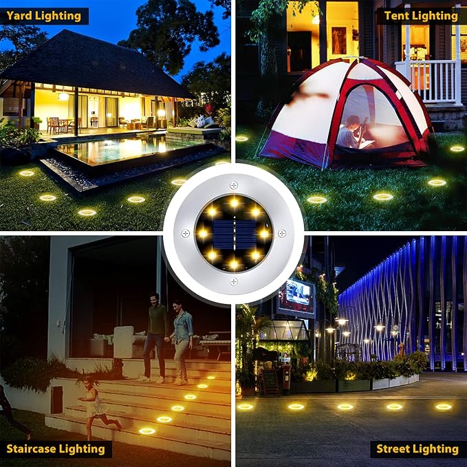 12 Pack 8LED Solar Garden Lights Outdoor Waterproof Sidewalk Disk Bright In-Ground Landscape Lighting for Lawn Patio Pathway Yard Steps Deck Walkway (Warm White) (12 Packs)