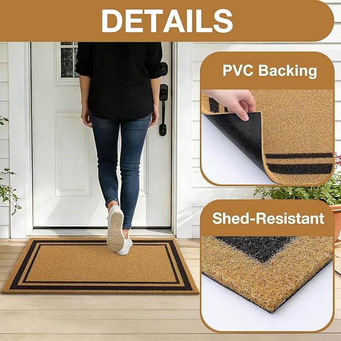 OLANLY Front Door Mat, Low Profile Doormat, Stain and Fade Resistant, Easy to Clean, for Indoor and Outdoor Entrances, Patio Porch or Entryway, Brown (30x17 Inch, Classic Border)