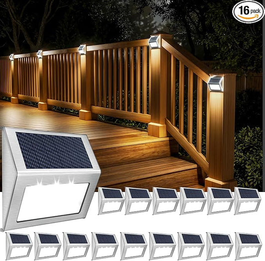 JSOT Solar Lights Perfect for Deck, Fence, Stair, Step Decor-Cool White-16P | Stainless steel material, waterproof, Solar Powered, yard, patio deck rail