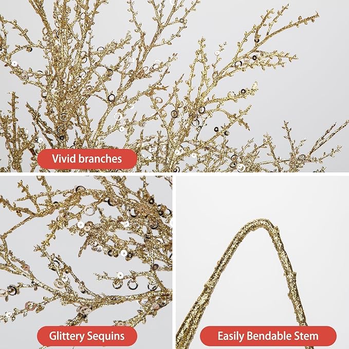 30.7" Christmas Glitter Stems, 5Pcs Champagne Gold Artificial Spray Leaf Picks Tall Branches for Christmas Tree DIY Xmas Wreath Garland Arrangment Vase Bouquets Table Centerpieces Decoration