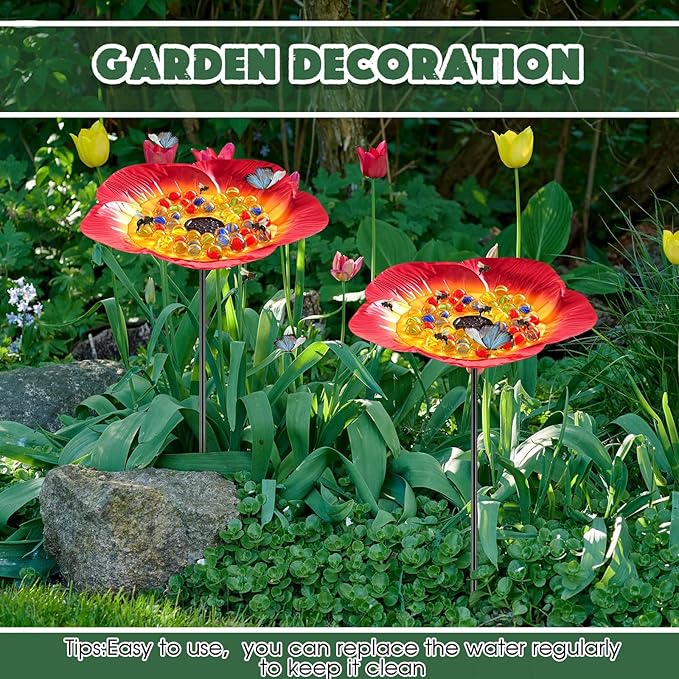 Tandefio Vivid Flower Bee Watering Station Metal Butterfly Water Feeder Cup with 30 Colorful Glass Marbles Bee Feeder Butterfly Bath Bowl for Garden Outdoor Yard Decors(Red,Flower)