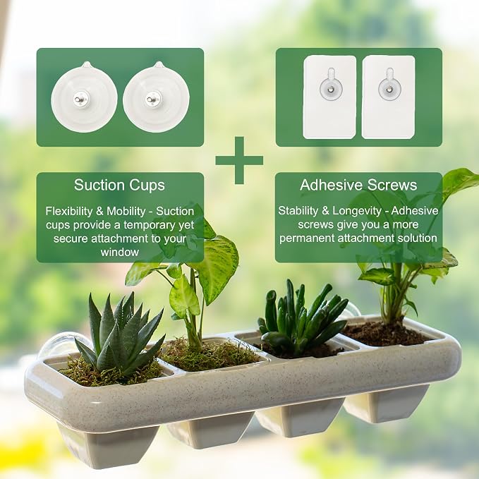 Eco-Friendly Wheat Fiber No Plastic Planter. Floating Window Shelf for Plants & Herb Garden with Removable Pots (Black & White Pots)