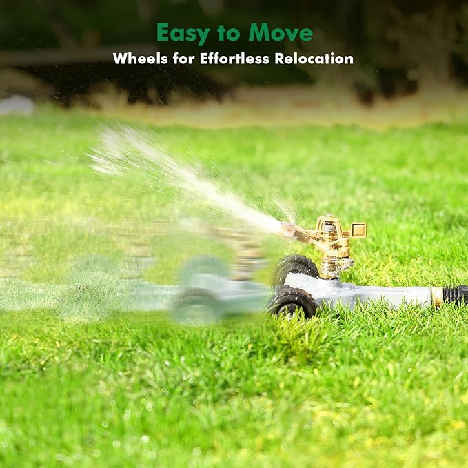 RESTMO 2 Pack Heavy Duty Full Metal Pulsating Sprinkler with Wheeled Base, 360° Rotating Impact Sprinkler for Large Area Lawn & Yard Irrigation, Adjustable Zinc Alloy Head for Flexible Coverage