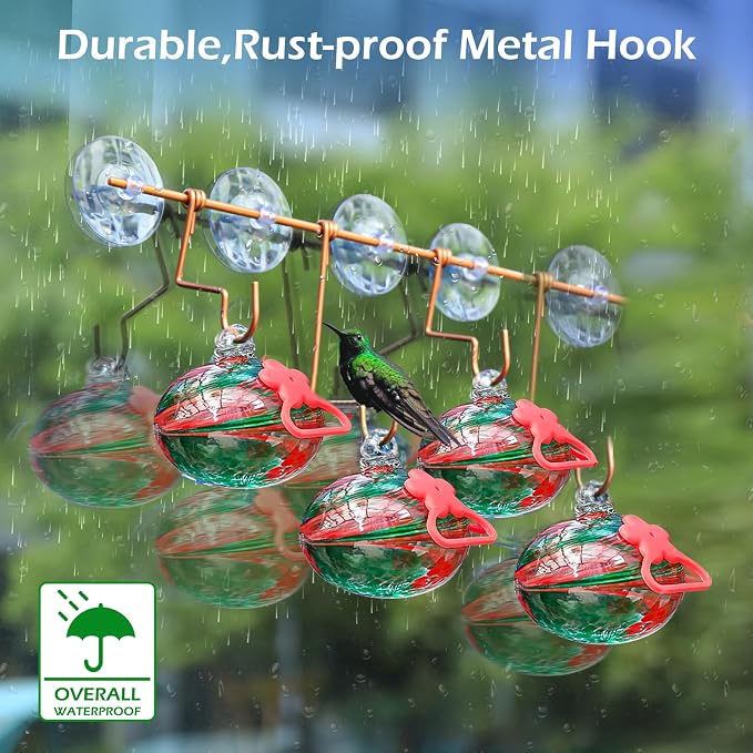 Pozfun Set of 3 Hummingbird Feeders for Outdoors Hanging,Hand-Blown Glass Hummingbird Feeder with Silicone Feeding Perch,Never Leak,Gardening Gifts for Woman Man(Red)