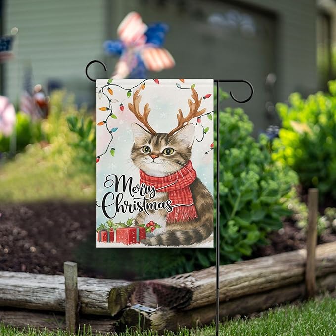 Merry Christmas Cat House Flag 28x40 Inch Double Sided Outside Xmas Reindeer Kitty Winter Seasonal Yard Outdoor Flag Banner for Garden Lawn Patio Holiday Decorations
