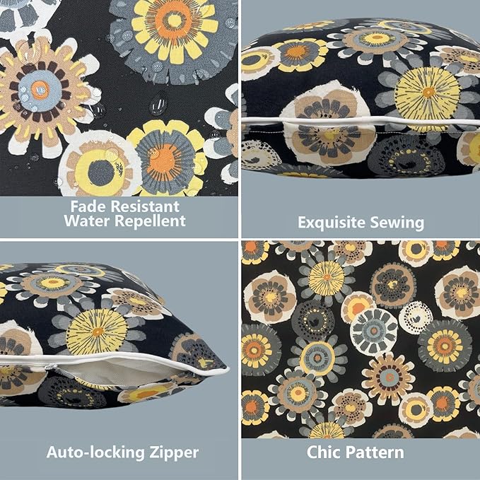 LVTXIII 2 Pack Outdoor Lumbar Pillow Covers 12x20 Inch with Piping, Water-Repellent Back Cushion Covers ONLY for Patio Furniture, Sofa, Garden Bench, Black Yellow Crosby