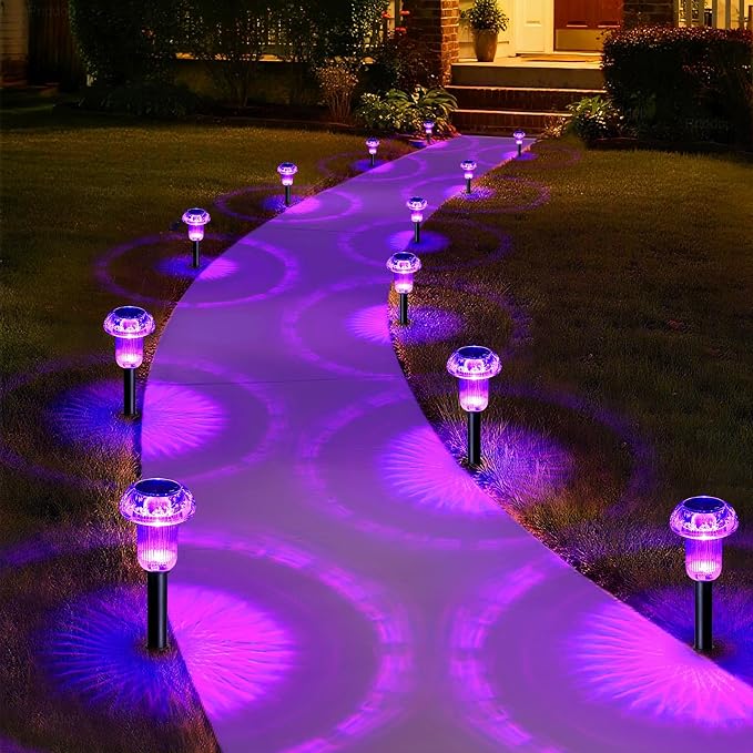 Priddop Solar Halloween Lights Outdoor Waterproof 8Pack Purple LED Mushroom | Yard Pathway Garden Decorative Patio Landscape Path Walkway Spike Pattern Acrylic Cap ABS Stake Outside Halloween Decor