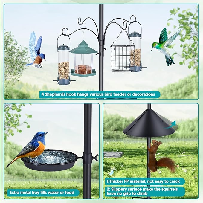 Bird Feeder Pole 92 Inch True Heavy Duty Birdhouse Pole with Squirrel Proof Baffle for Outdoor, Adjustable Bird Feeder Stand with 4 Shepherds Hook Mental Tray for Garden Attracting Wild Birds