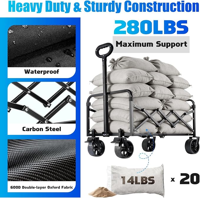 Collapsible Wagon Cart Foldable with Wheels - 280LBS Large Heavy Duty Folding Utility Wagon with All-Terrain Wheels & Brakes for Shopping Garden Beach Camping, 2 Drink Holders/Lightweight/Black