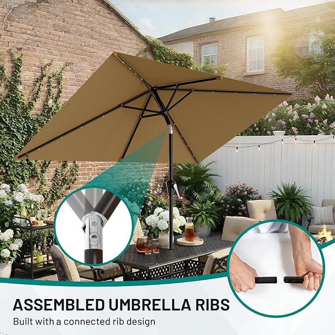 AreShark 6.5' x 10' Rectangular Patio Umbrella with Solar Lights, Solar Powered Lighted Market Umbrella w/Tilt and Crank, Outdoor Table Umbrella for Garden, Deck, Backyard, Pool and Beach, Khaki