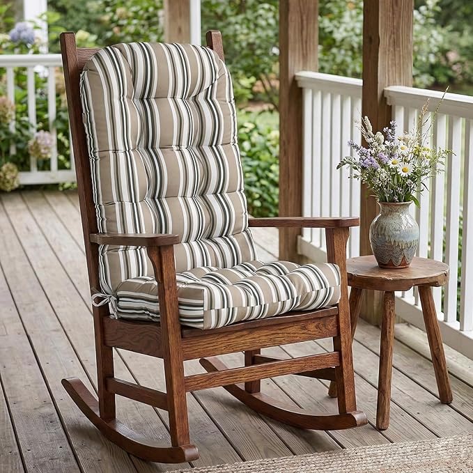 COOS BAY High Back Adirondack Chair Cushions for Outdoor Furniture, 49x20x5 in Water-Resistant Thick Tufted Patio Chair Cushions with Secure Straps, Set of 2, Beige Stripes